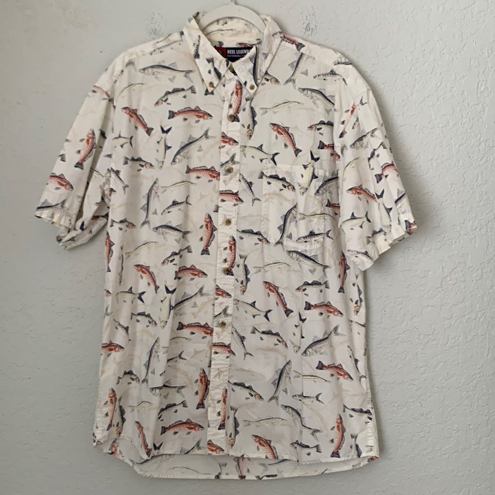 Reel Legends Cotton Short Sleeve Fish Print Men’s Shirt Size L